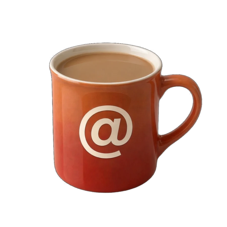 An orange mug of coffee with a cream @ on its side.