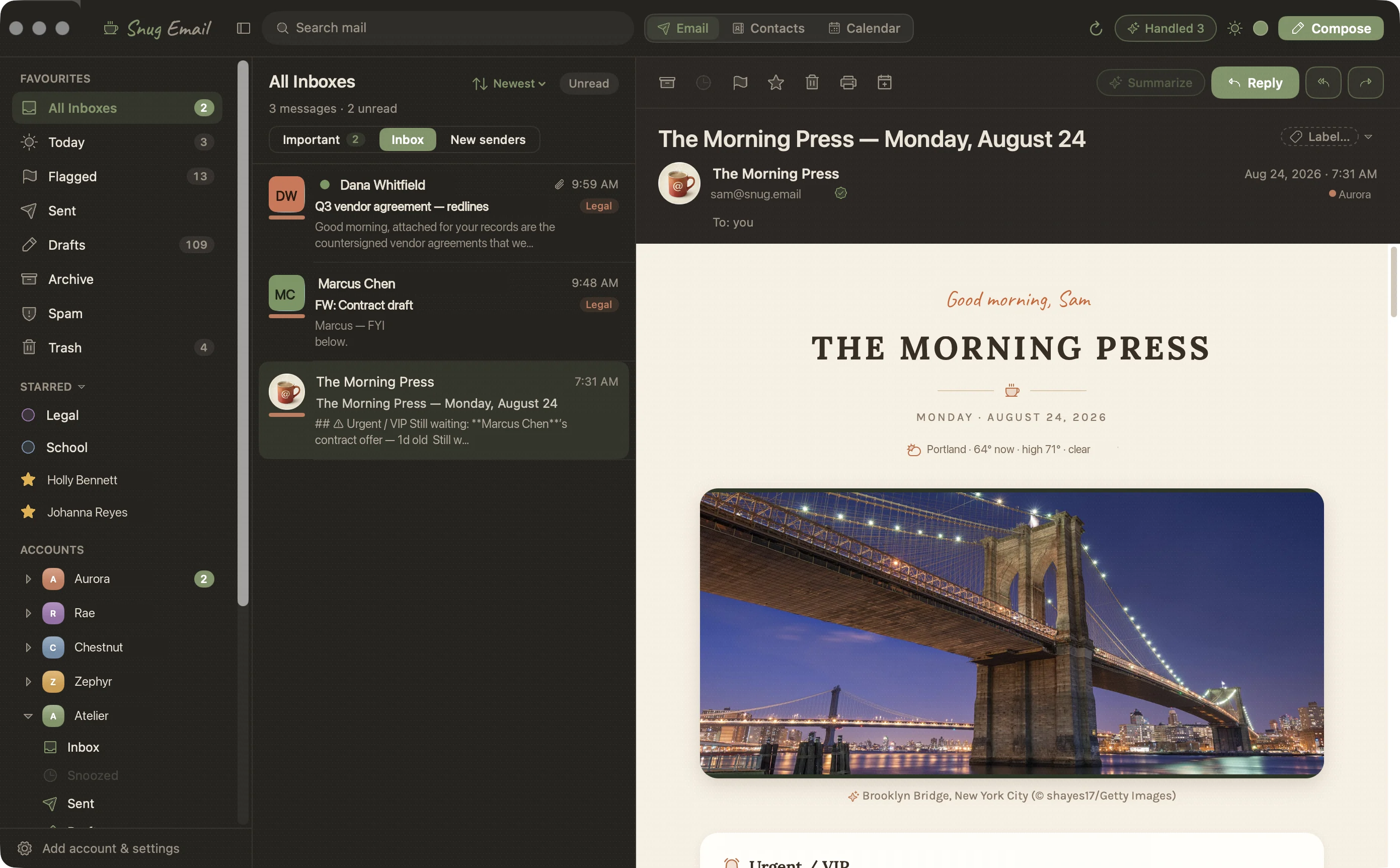 Snug Email with three messages in All Inboxes and today's Morning Press open in the reader.